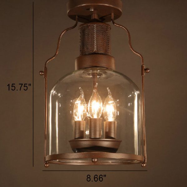 Industrial Vintage Antique Iron Glass Lantern 3-Light Semi-Flush Mount Ceiling Light - Image 3