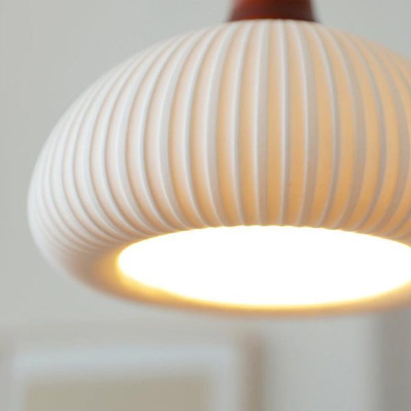 Japanese Vintage Pleated Ceramic Round Dome Wood 1-Light Pendant Light - Image 16