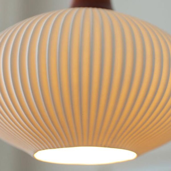 Japanese Vintage Pleated Ceramic Round Dome Wood 1-Light Pendant Light - Image 12