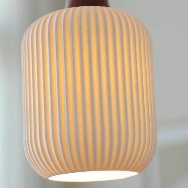 Japanese Vintage Pleated Ceramic Round Dome Wood 1-Light Pendant Light - Image 13