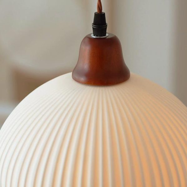 Japanese Vintage Pleated Ceramic Round Dome Wood 1-Light Pendant Light - Image 14