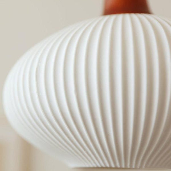 Japanese Vintage Pleated Ceramic Round Dome Wood 1-Light Pendant Light - Image 15