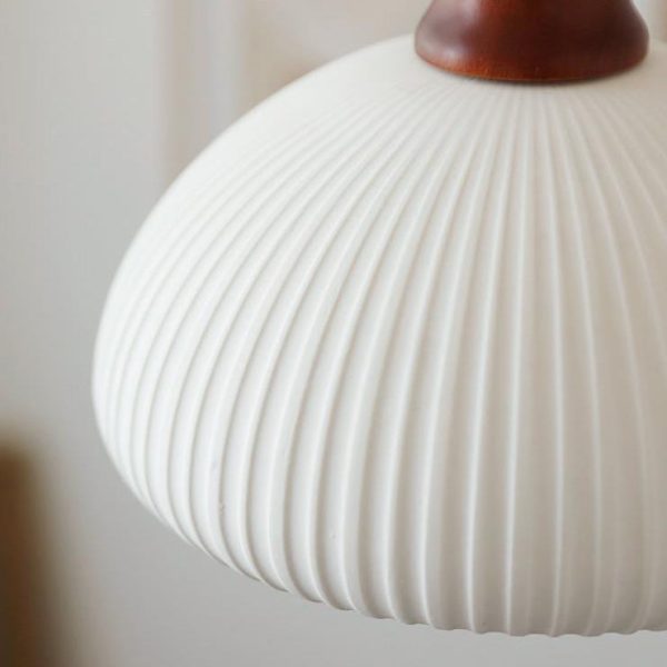 Japanese Vintage Pleated Ceramic Round Dome Wood 1-Light Pendant Light - Image 17