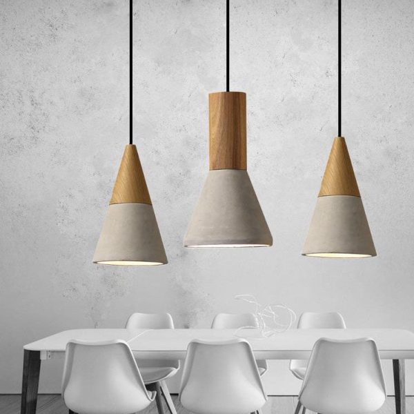 Contemporary Industrial Round Cone Triangle Cement Rubber Wood 1-Light Pendant Light For Living Room - Image 12
