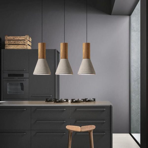 Contemporary Industrial Round Cone Triangle Cement Rubber Wood 1-Light Pendant Light For Living Room - Image 7