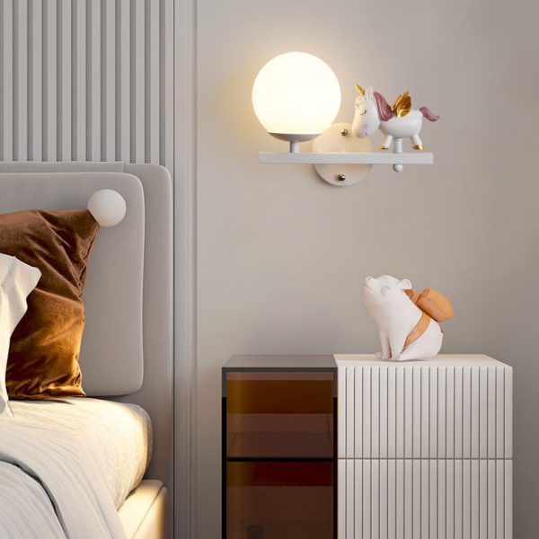 Contemporary Creative Kids Girls Unicorn Orb Resin Iron Glass 1-Light Wall Sconce Lamp For Bedroom - Image 2