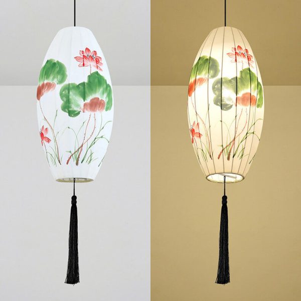 Oriental Antique Handmade Oval Lantern Fabric 1-Light Pendant Light - Image 29