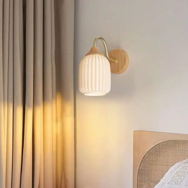 Nordic Striped Glass Round Log Wood 1-Light Wall Sconce Lamp - Image 3