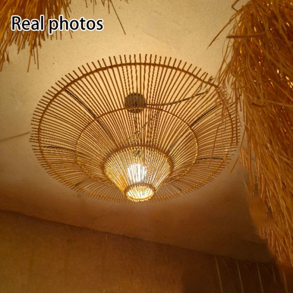 Traditional Japanese Rattan Weaving Hat 1-Light Semi-Flush Mount Ceiling Light For Living Room - Image 7