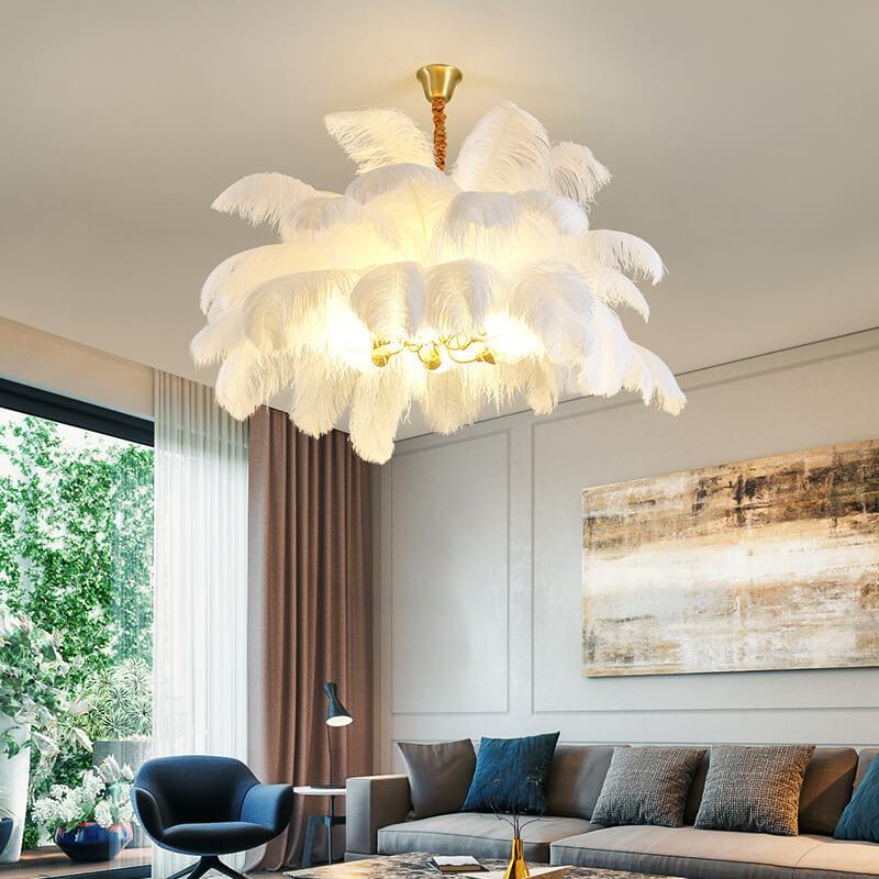 3-1-1751dff9-56a9-4d78-8cf6-1771e268157f.jpg Modern Ostrich Feather 6-Light Brass Chandeliers - Image 1