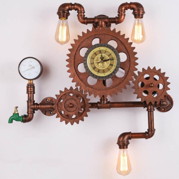 Vintage Industrial Gear Water Pipe Clock 3-Light Wall Light - Image 8