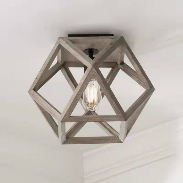 Vintage Aged Wooden Cage 1-Light Semi-Flush Mount Ceiling Light - Image 11