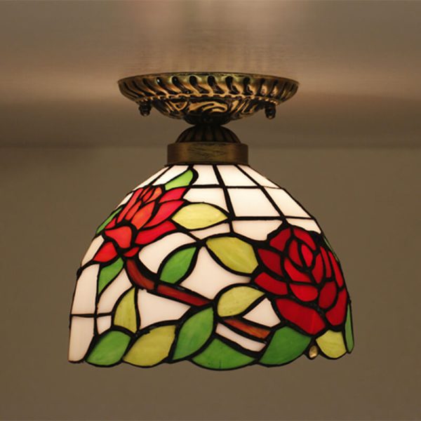 Vintage Tiffany Red Rose Glass 1-Light Semi-Flush Mount Ceiling Light - Image 7