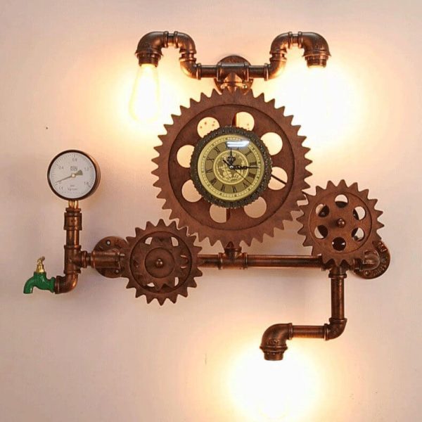 Vintage Industrial Gear Water Pipe Clock 3-Light Wall Light - Image 9