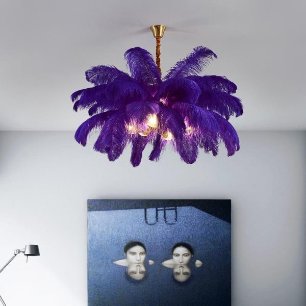 Modern Ostrich Feather 6-Light Brass Chandeliers - Image 5