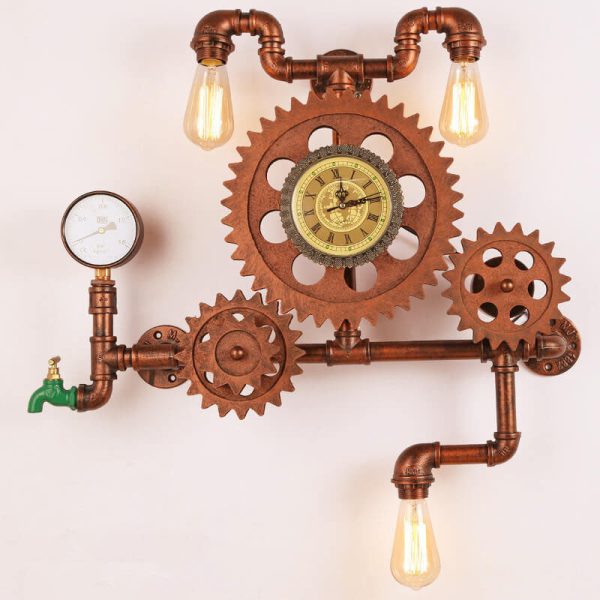 Vintage Industrial Gear Water Pipe Clock 3-Light Wall Light - Image 10