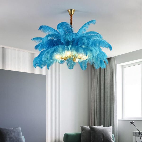 Modern Ostrich Feather 6-Light Brass Chandeliers - Image 12