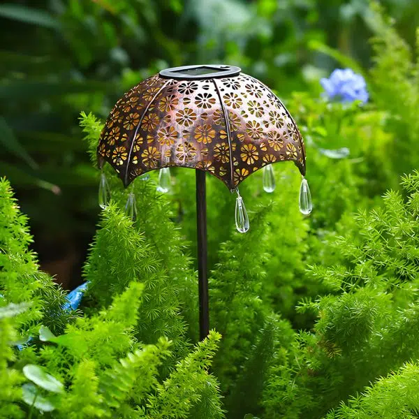 Retro Iron Hollow Umbrella Raindrops Waterproof Modern Solar Lawn Lights - Image 2