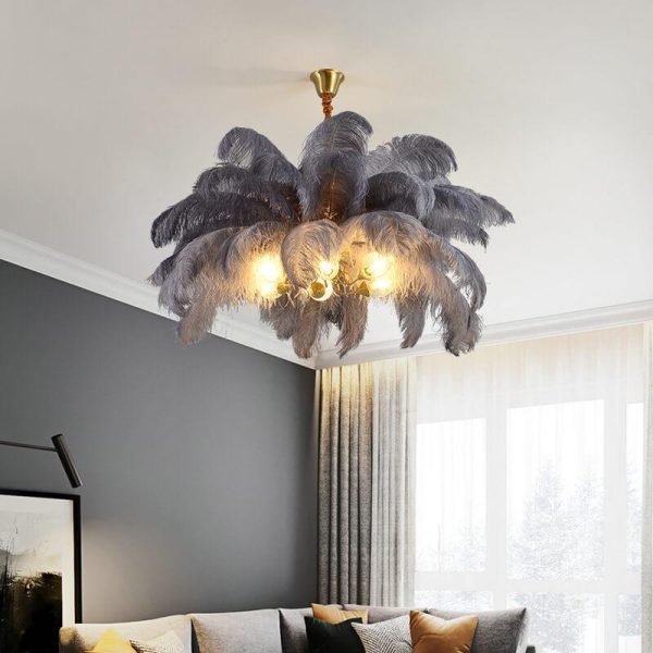 Modern Ostrich Feather 6-Light Brass Chandeliers - Image 14