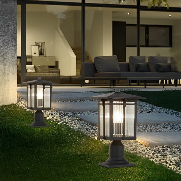 Striped Glass Shade LED Waterproof Black Modern Outdoor Post Lights - Image 2