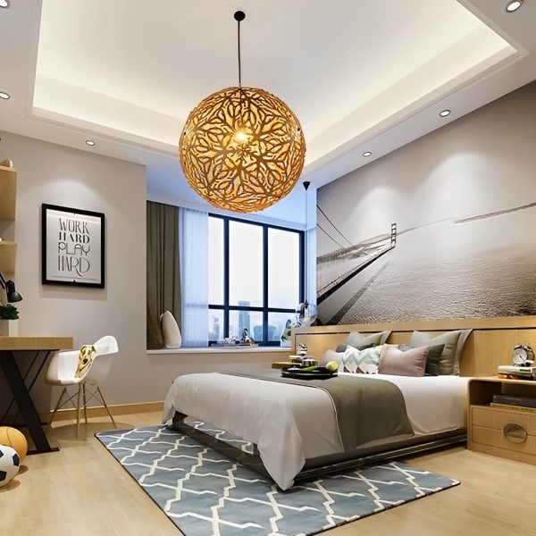 Handmade Hollowed Ball Basswood Shade LED Creative Modern Chandelier - Image 2