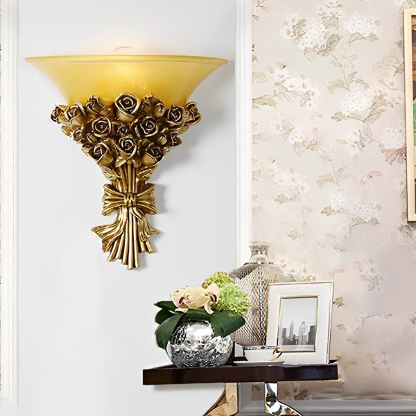 Retro Resin Roses Bouquet Glass European-Style Wall Lamp Wall Light Fixture - Image 2