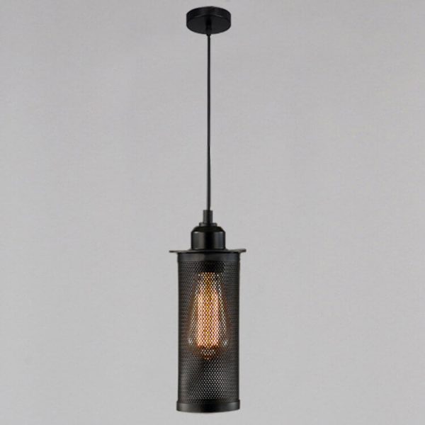 Vintage Wrought Iron Metal Mesh Cylindrical 1-Light Pendant Light - Image 10