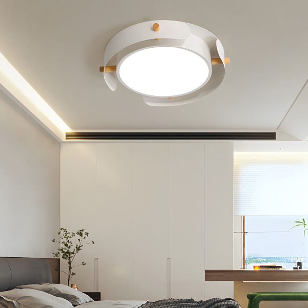 Round Nordic White Metallic Wood Drum Flush Mount Ceiling Light - Image 3