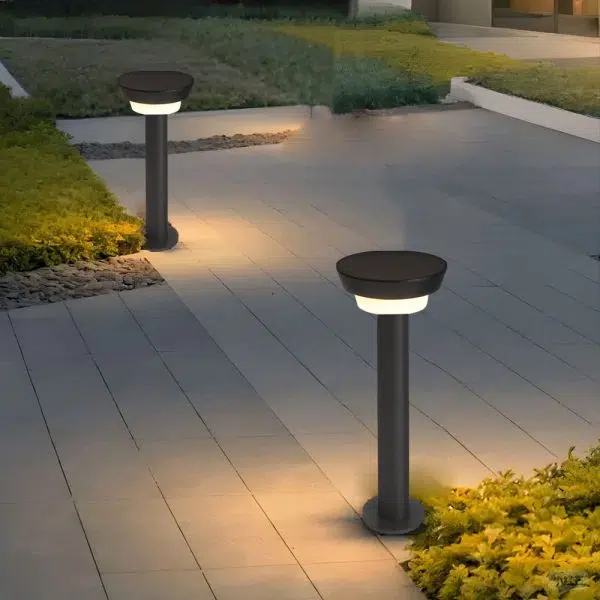 Modern Black Round LED Solar Outdoor Path Light with Stake - Garden Bollard Light - Image 6