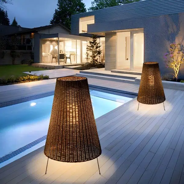 Rattan Shaded Tripod Metal and 1-Light Outdoor Floor Lamp - Image 4