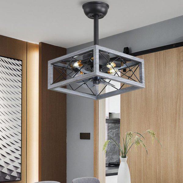 Industrial Minimalist Copper Iron Round Square 4-Light Semi-Flush Mount Ceiling Fan Light - Image 11