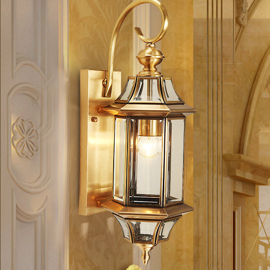 394a6a1c31134dd0b7c2917609276fc8.jpg Traditional European Brass Glass Polygonal 1-Light Waterproof Wall Sconce Lamp For Bedroom Patio And Garden - Image 2
