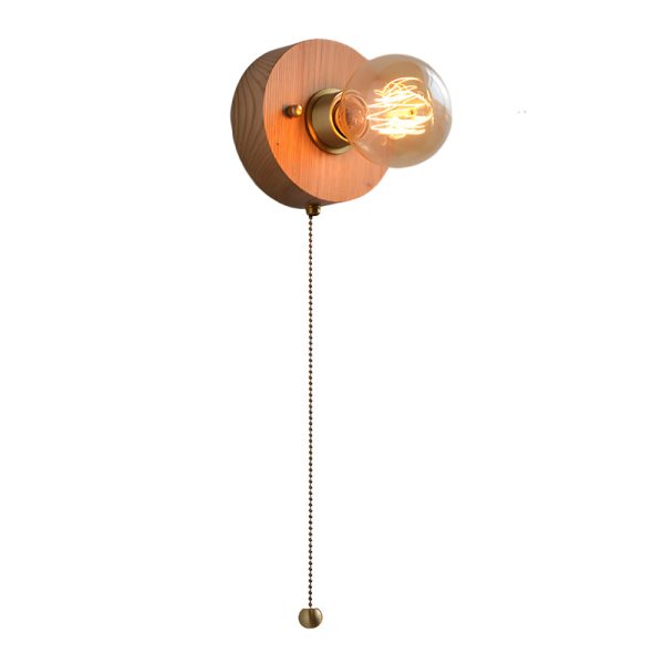 Round/Square Vintage Walnut Wood Wall Lamp 1-light with Pull Chain Switch - Image 14