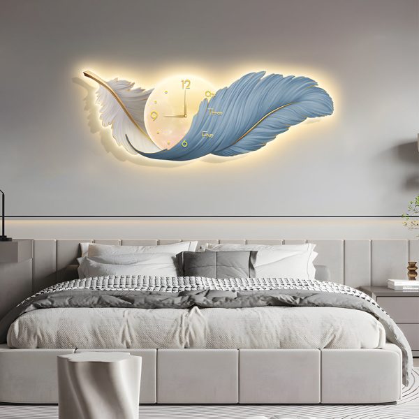 2-In-1 Wall Feather Painting Hanging Decor LED Wall Lamp Wall Clock - Image 3