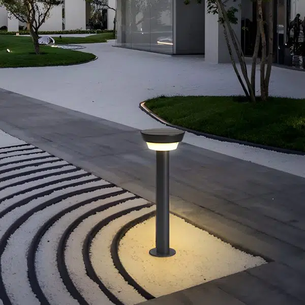 Modern Black Round LED Solar Outdoor Path Light with Stake - Garden Bollard Light - Image 2