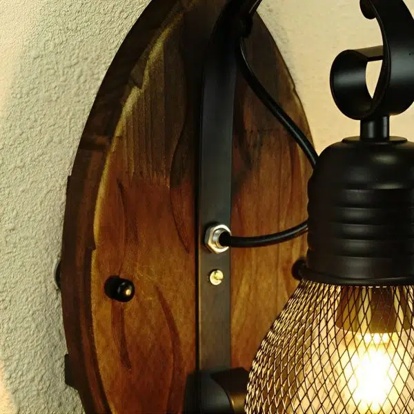 Rustic Antique Wood Iron Hollow Mesh Black E27 Industrial Style Wall Lamp - Image 3