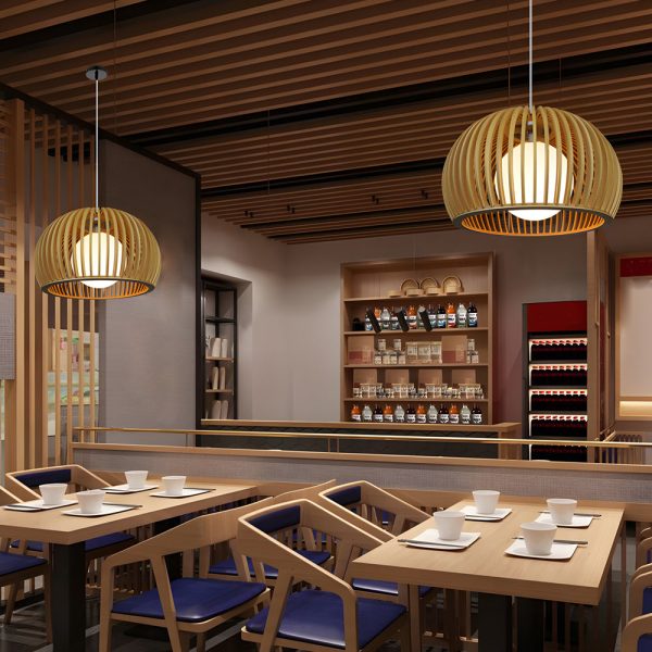 Hemispherical Wood Birdcage Glass Ball Shade Creative Modern Chandelier - Image 3