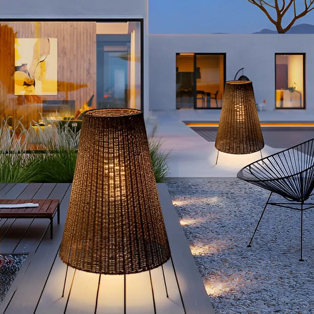 4-63273ab7-b87c-4615-9223-2e85c1dfa137.jpg Rattan Shaded Tripod Metal and 1-Light Outdoor Floor Lamp - Image 1