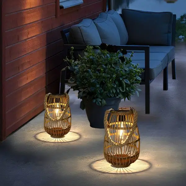 Portable Bamboo Rattan Waterproof LED Wood Retro Solar Outdoor Lanterns - Image 4