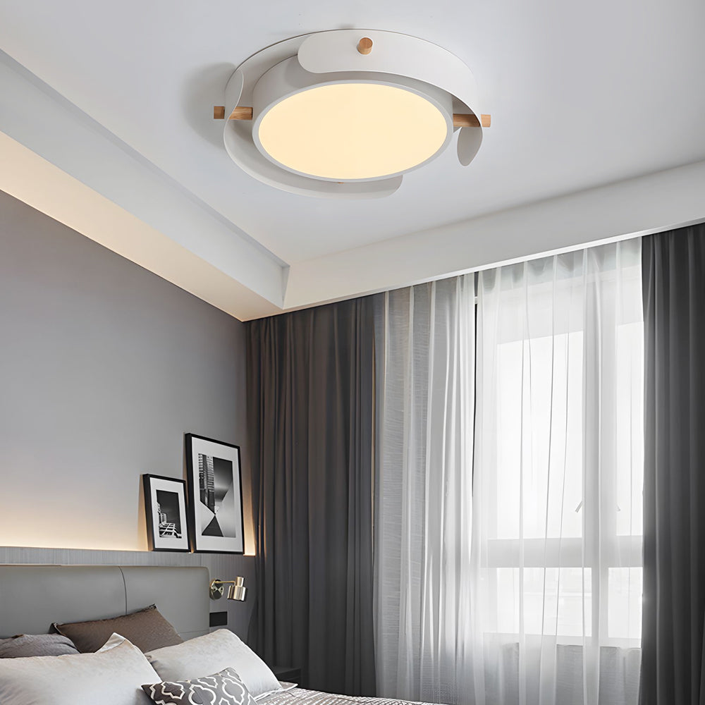 4-84864efa-e53e-4e41-b325-9dfac5acda36.jpg Round Nordic White Metallic Wood Drum Flush Mount Ceiling Light - Image 4