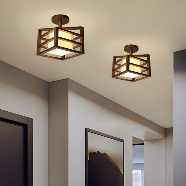 Square Walnut Wooden Frame 1-Light Semi-Flush Mount Ceiling Light - Image 3