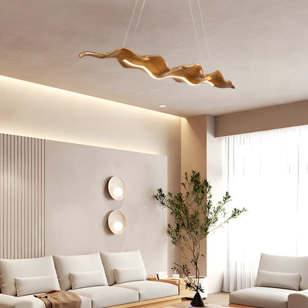 Elegant Japanese Retro Silicone Wave Wood Grain LED Pendant Light - Image 2