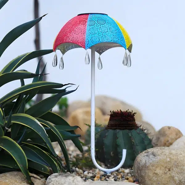 Retro Iron Hollow Umbrella Raindrops Waterproof Modern Solar Lawn Lights - Image 3