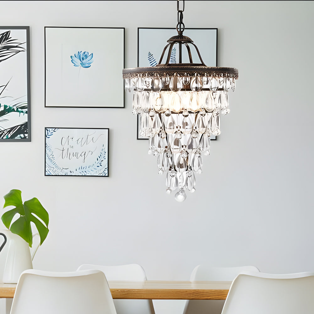 4-ff57953e-c4e7-43c5-bcbf-8378ff1af3e3.jpg Round Tiered Crystal Water Drop Aged Metallic American Chandelier - Image 1