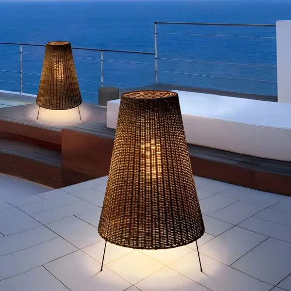 Rattan Shaded Tripod Metal and 1-Light Outdoor Floor Lamp - Image 5
