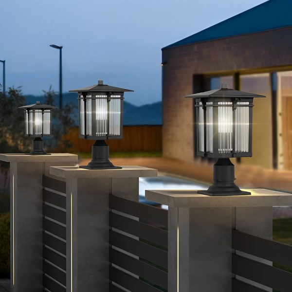 Striped Glass Shade LED Waterproof Black Modern Outdoor Post Lights - Image 4