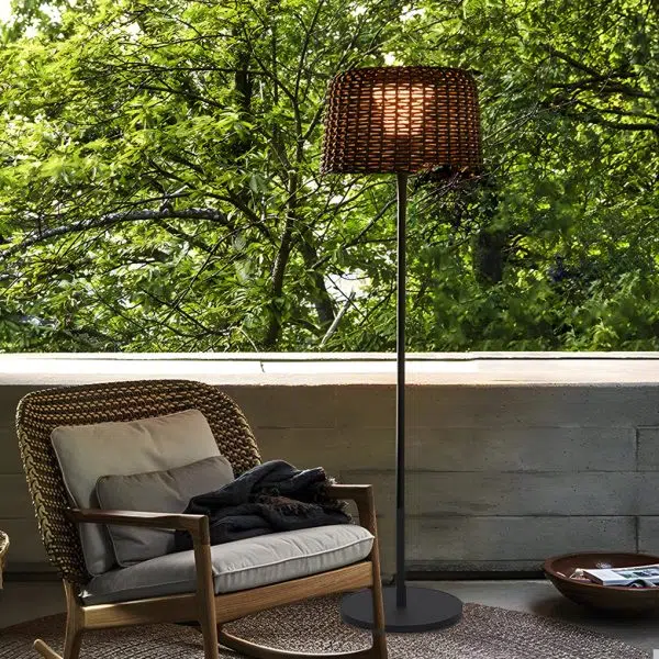 Rustic Woven Rattan Shaded Metal Outdoor Floor Lamp - Image 3