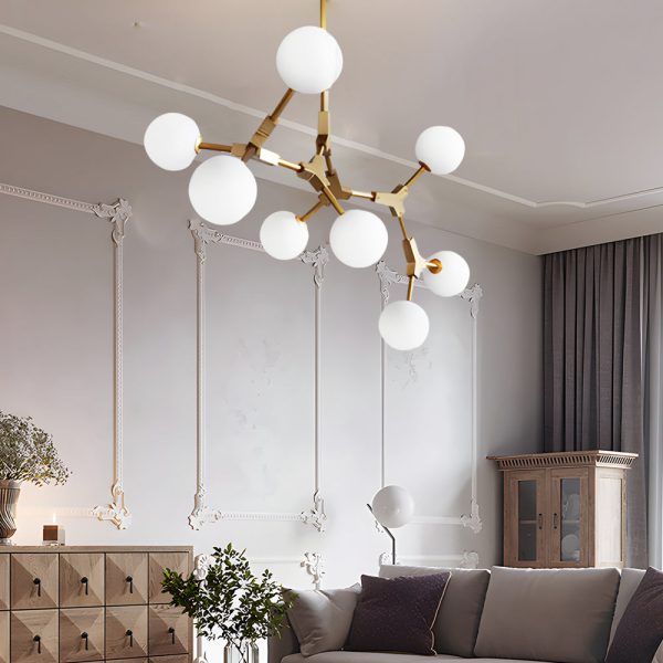 6/8-Light Gold Molecule Chandelier with White Glass Shades - Image 3