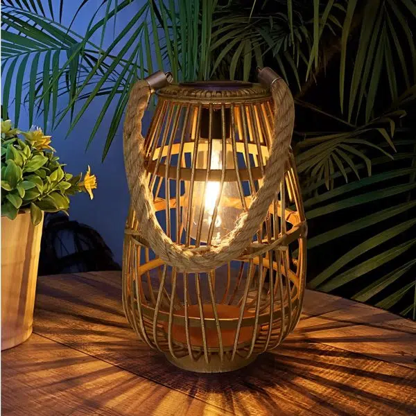 Portable Bamboo Rattan Waterproof LED Wood Retro Solar Outdoor Lanterns - Image 5
