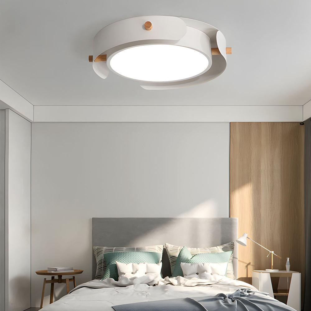 5-6e59276f-4f1b-4923-bb7b-dd3c2d3f0579.jpg Round Nordic White Metallic Wood Drum Flush Mount Ceiling Light - Image 1